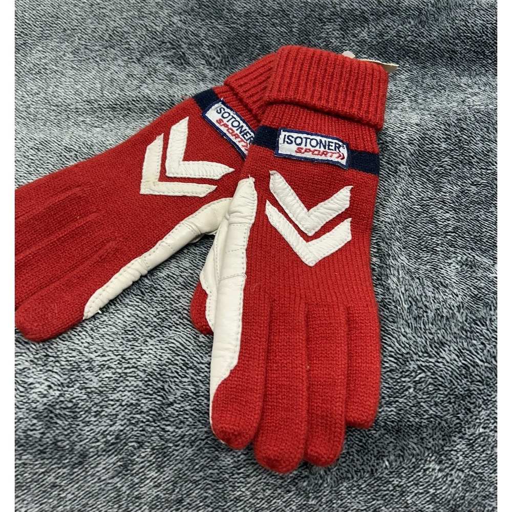 Vintage Isotoner Womens Sport Gloves Knit/Leather Red/White One Size (C1)
